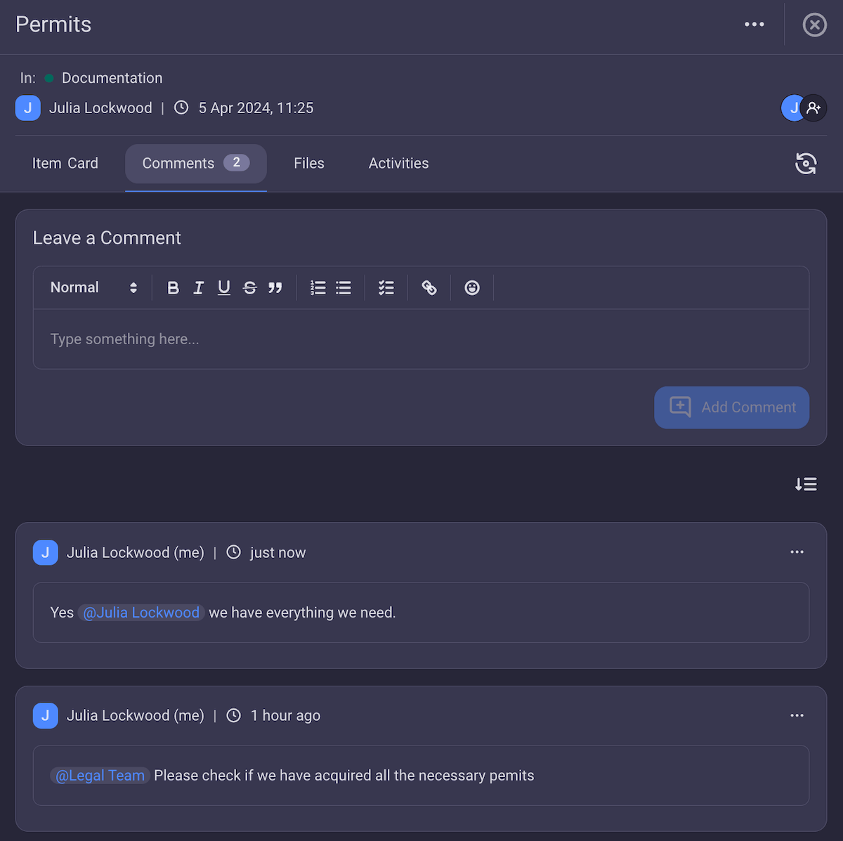 Sección de comentarios en Plaky, software de gestión de proyectos