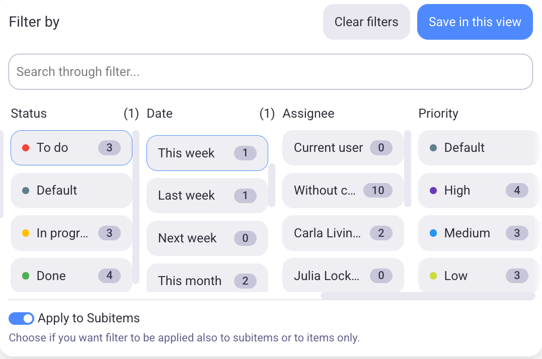 Opciones de filtrar en Plaky, software de gestión de proyectos