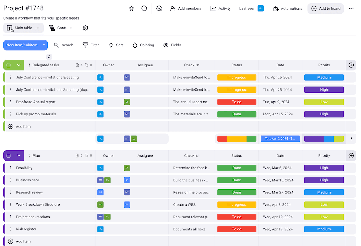 Ejemplo de una lista de tareas de proyecto en Plaky, software de gestión de proyectos