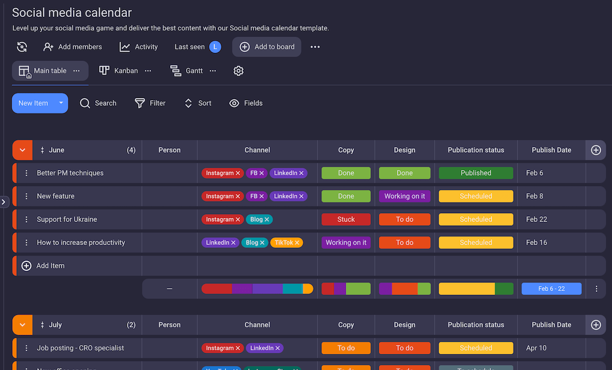 Plantilla de calendario para redes sociales en Plaky, software de gestión de proyectos