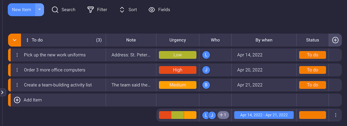Ejemplo de una lista de tareas en Plaky, software de gestión de proyectos