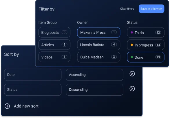 Sort & filter in Plaky