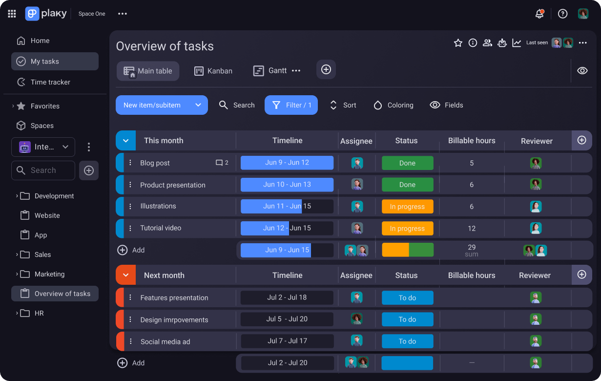 Plaky project and task management screenshot