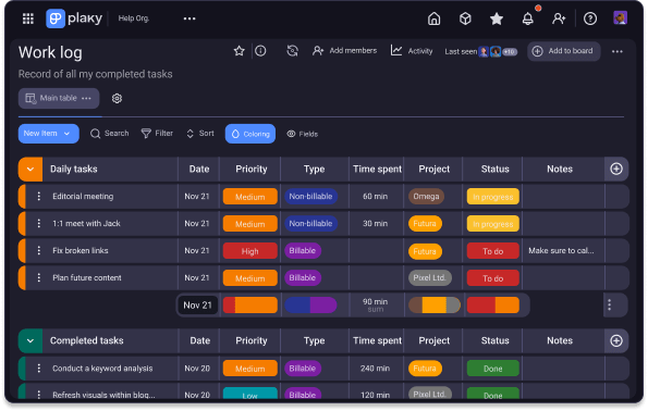 Plantilla de registro de trabajo en Plaky