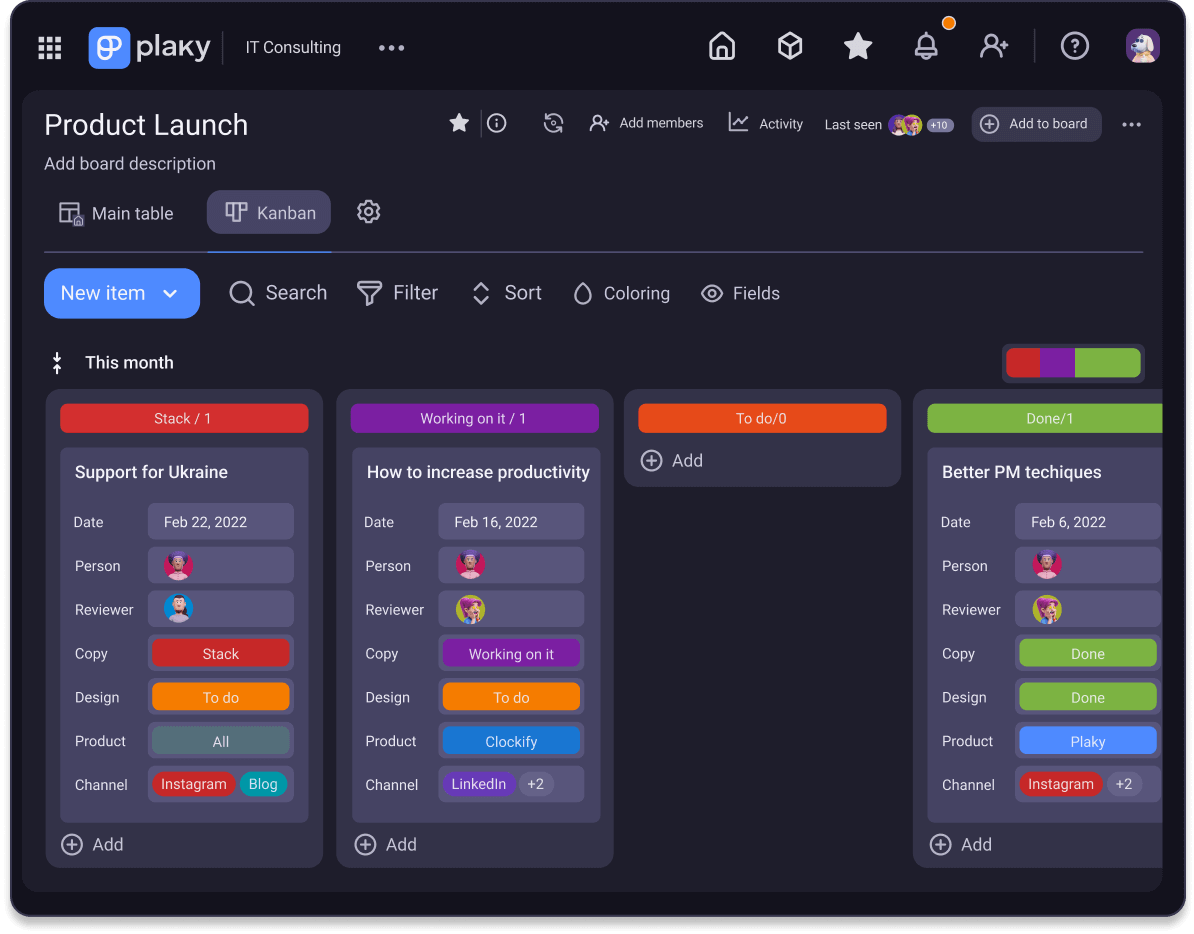 Plaky Kanban vies screenshot