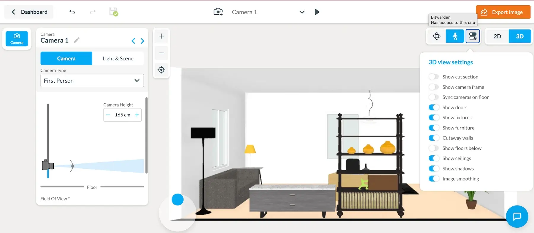 A 3D view in Floorplanner with a First person camera type