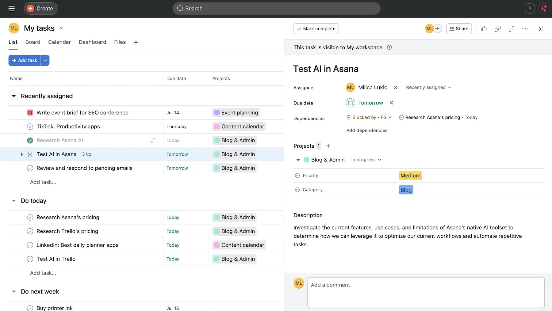 Asana’s interface
