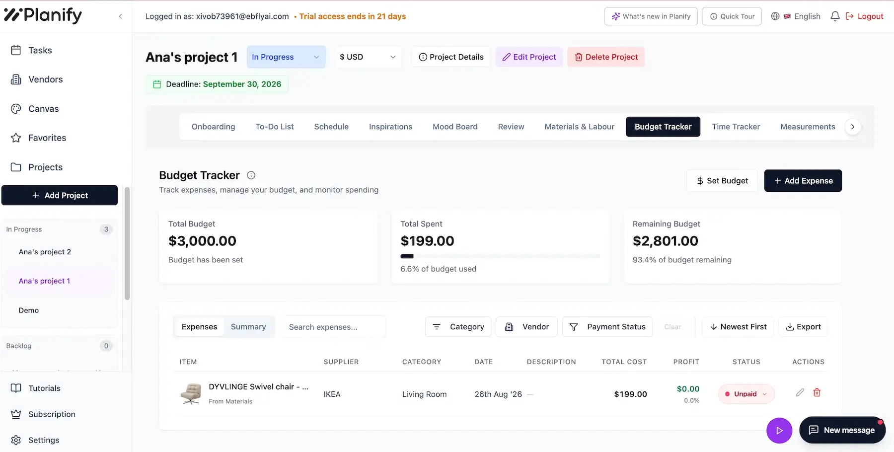 Budget tracker in Planify