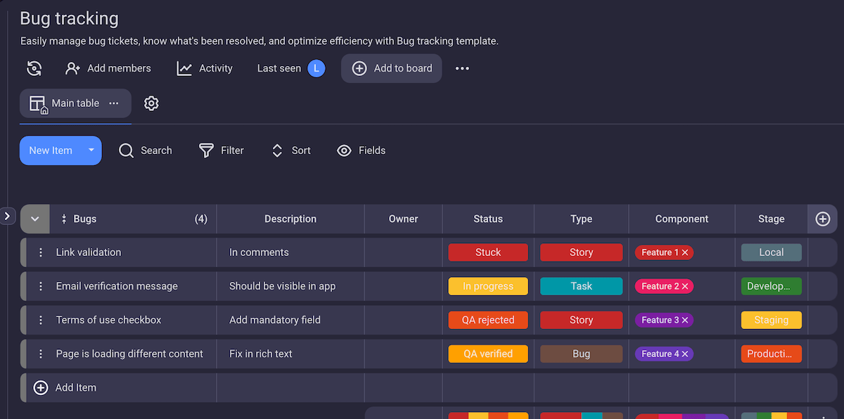 Bug tracking template in Plaky