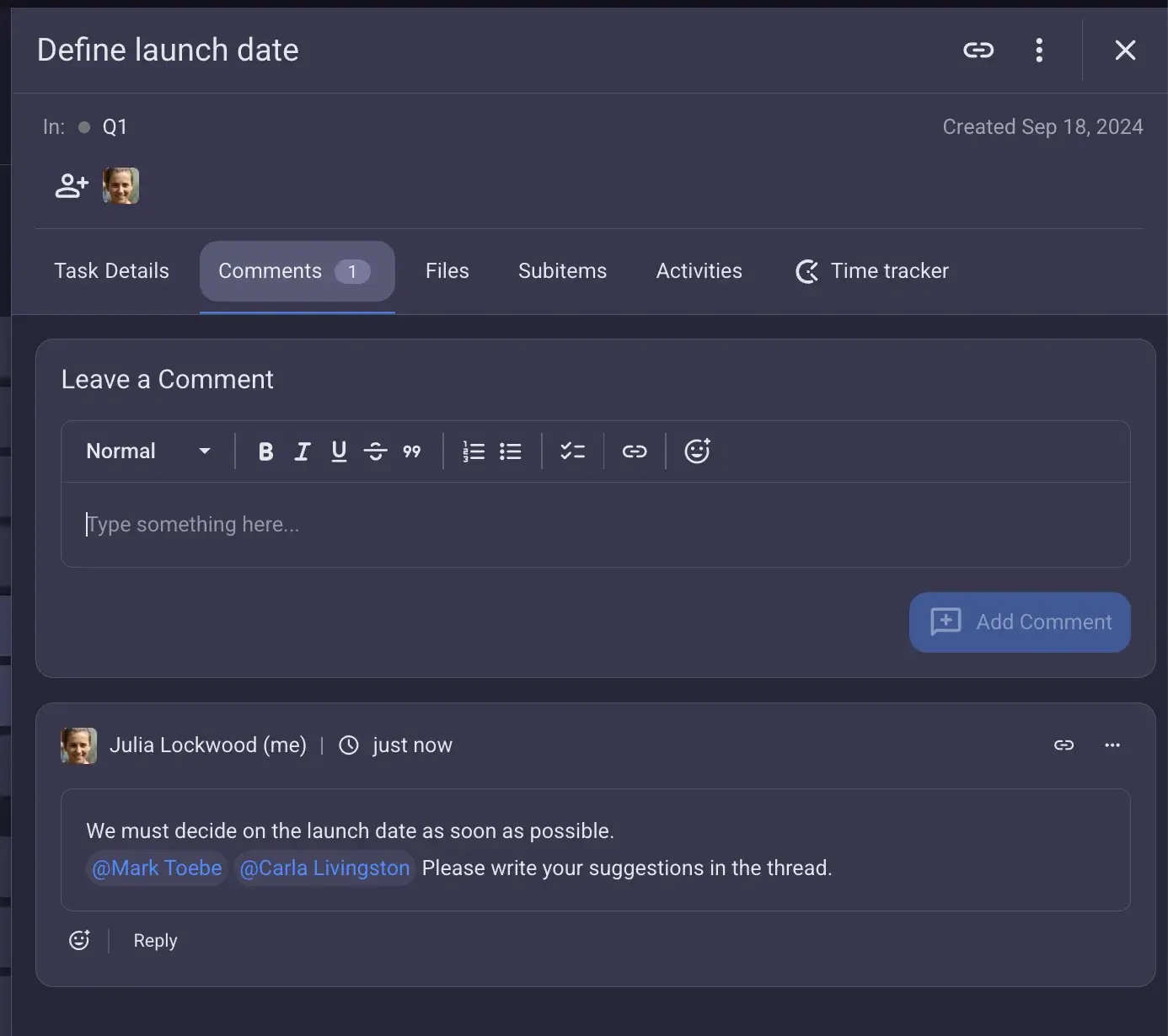 Comment section in Plaky