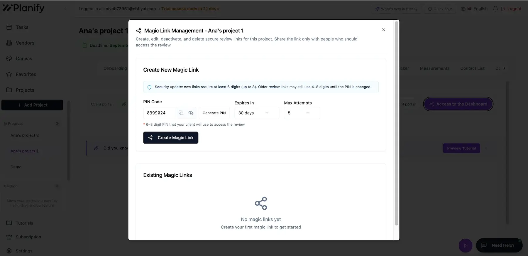 Creating the magic link in Planify