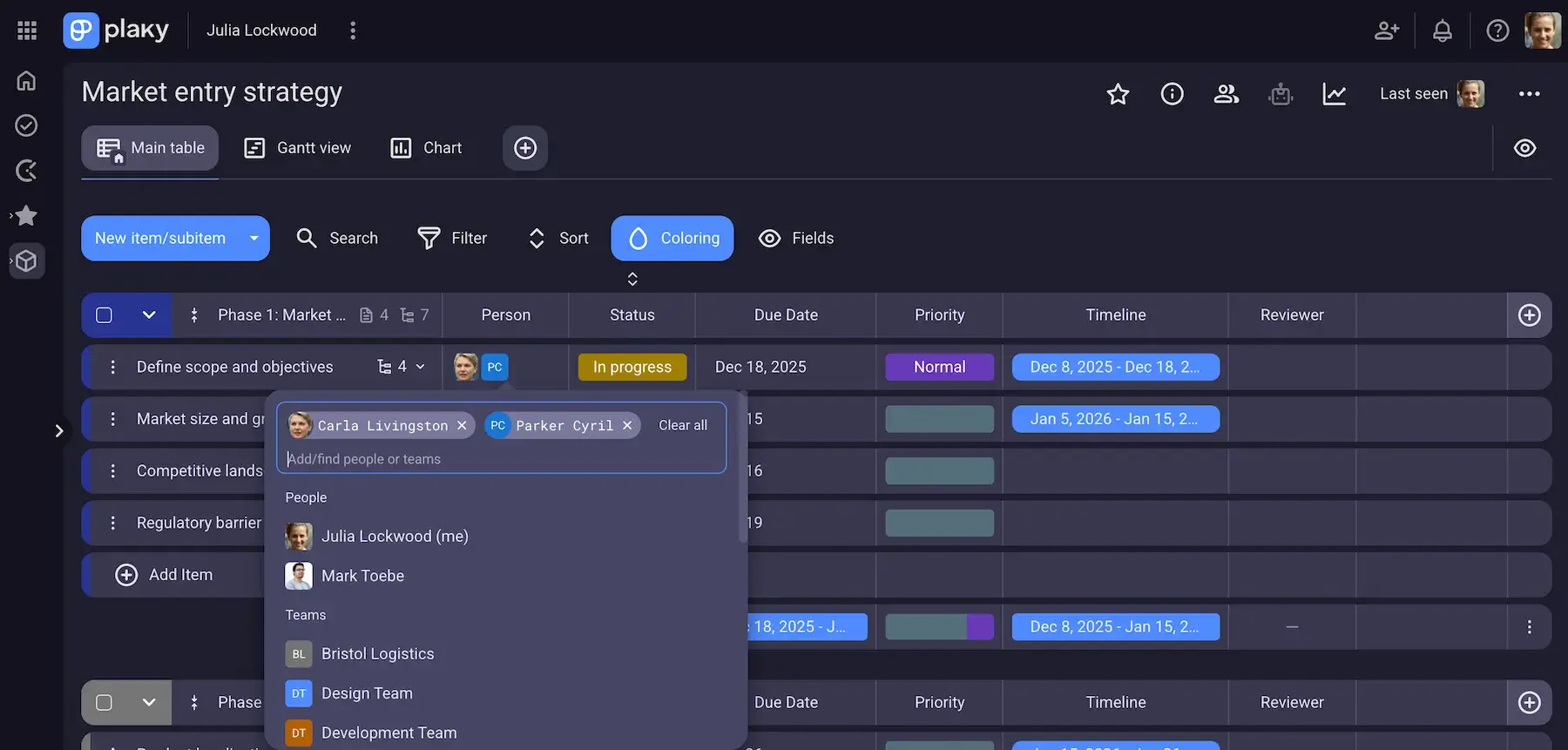 Assigning tasks to team members in Plaky