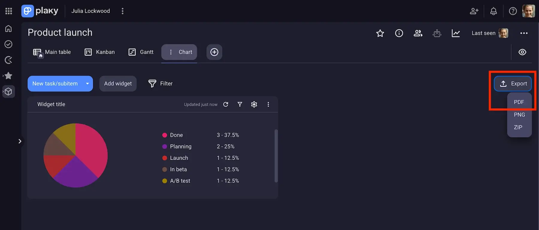 Exporting your project data in PDF from the Chart view in Plaky