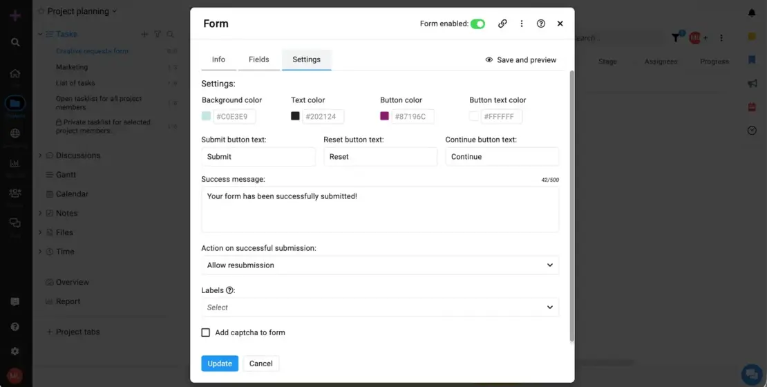 Form customization options in ProofHub