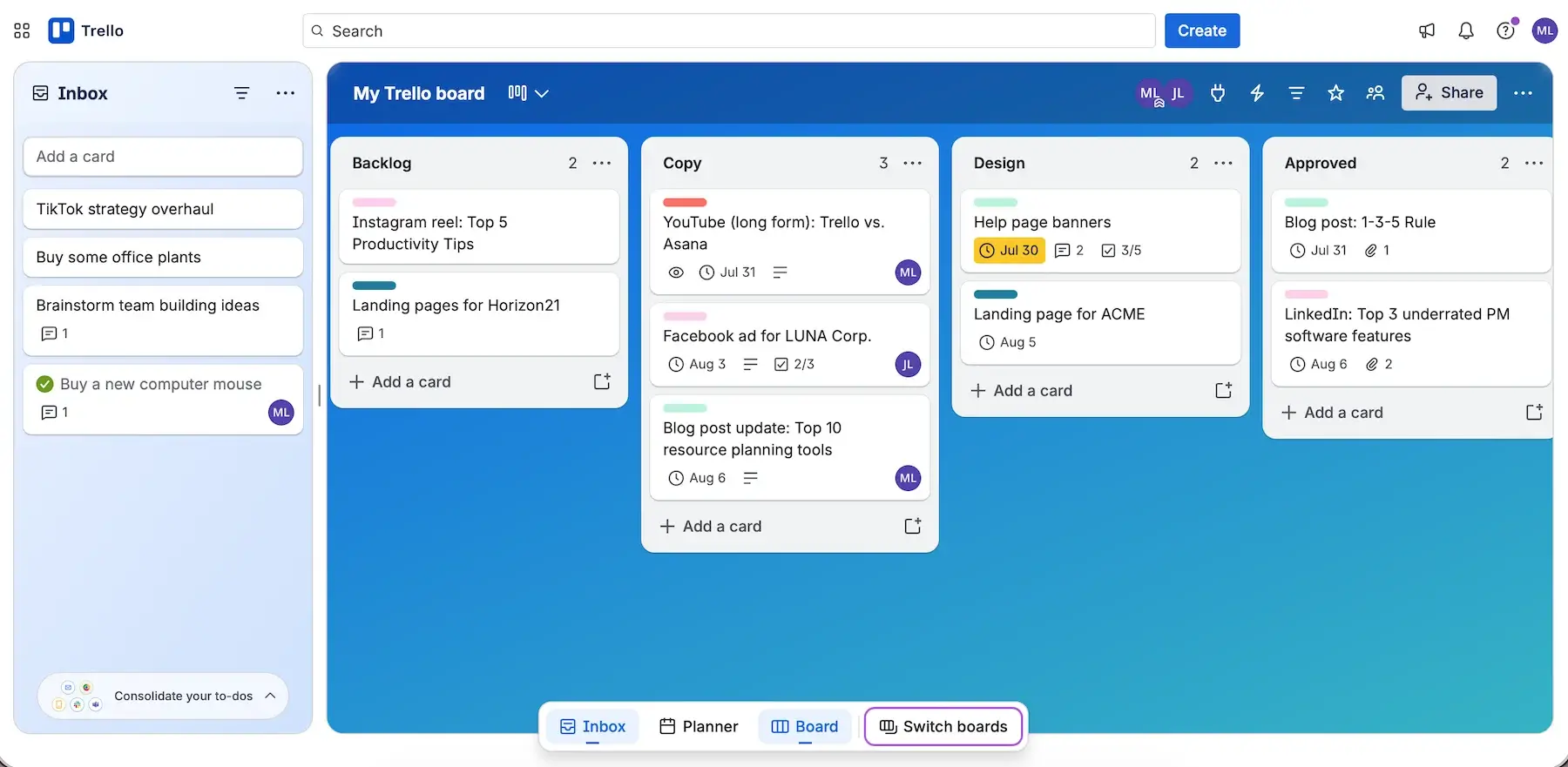 Kanban board in Trello