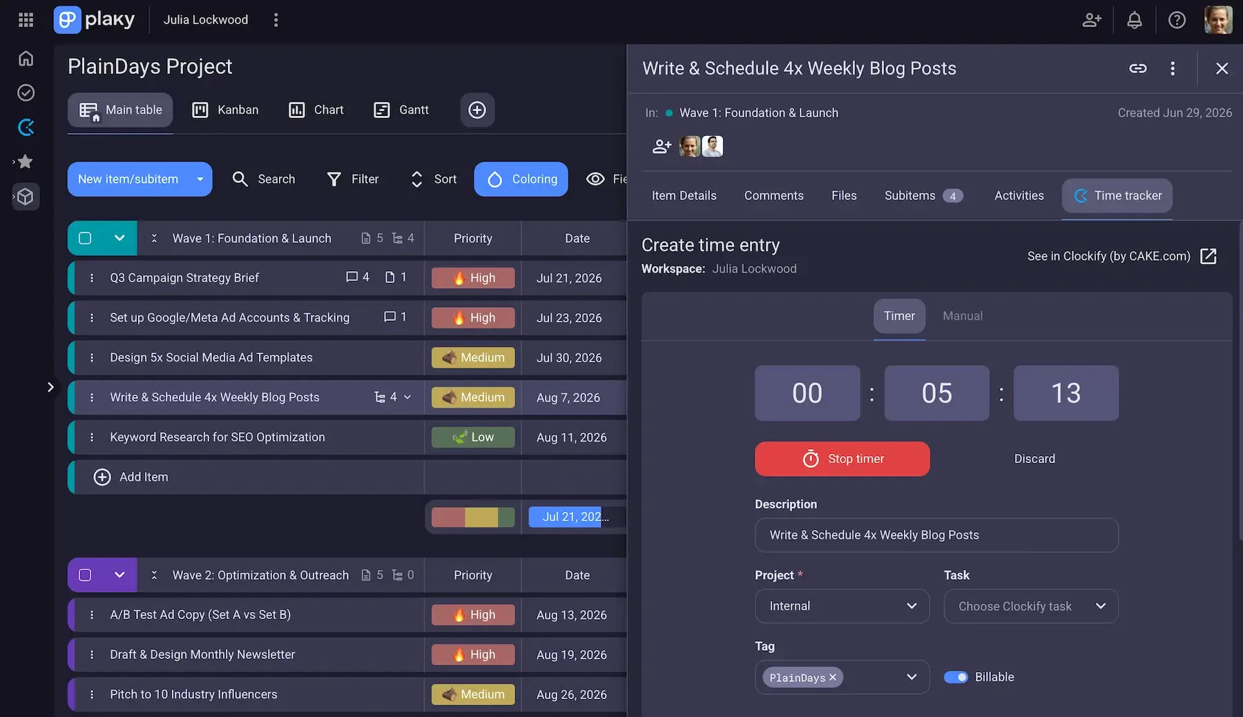 Time tracking in Plaky