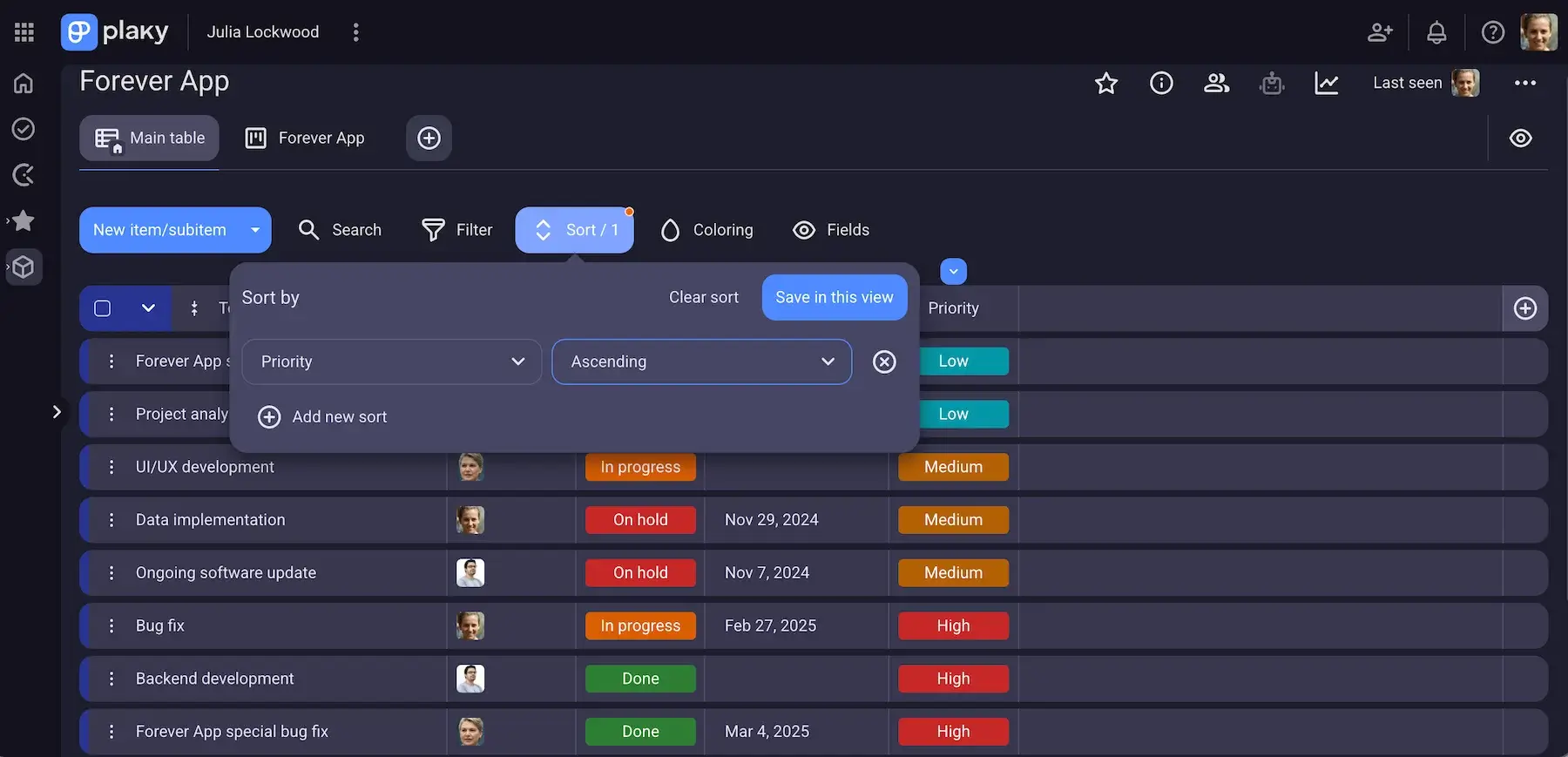 Sorting your tasks in Plaky