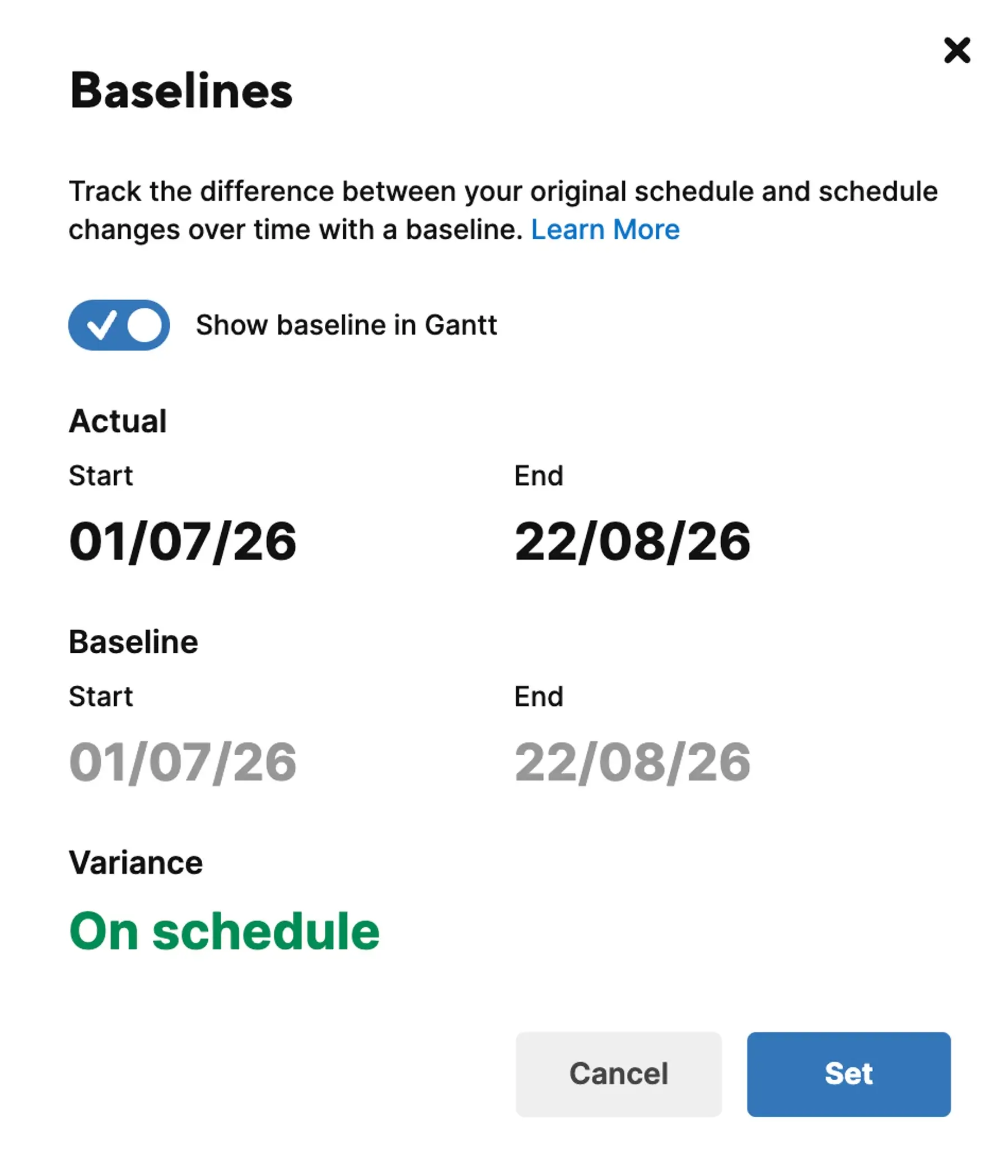 Baseline feature in Smartsheet