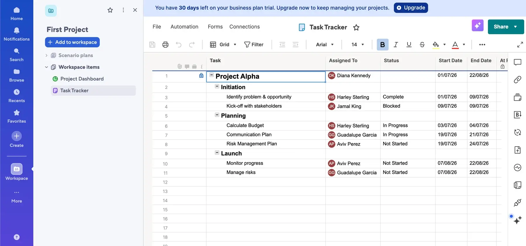 Grid view in Smartsheet