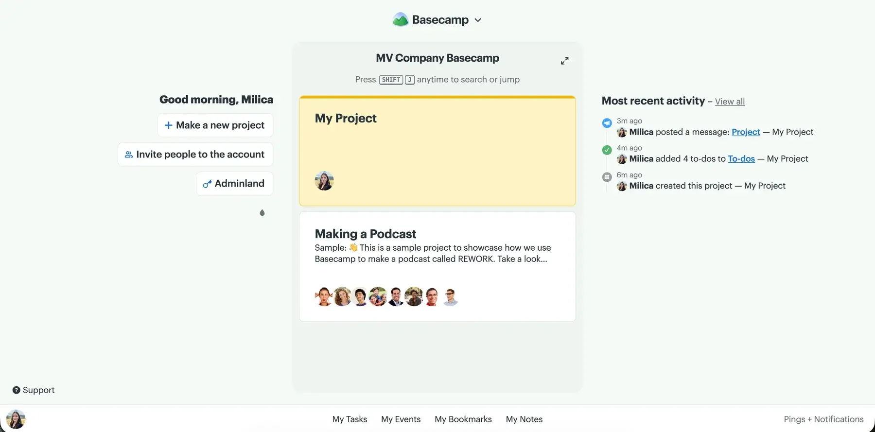 Home page in Basecamp