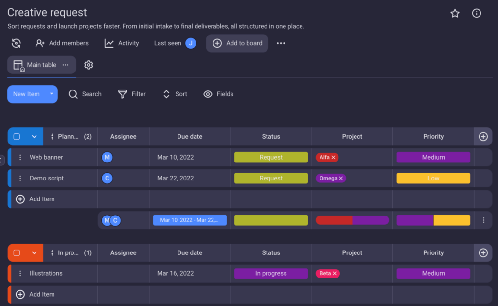 Creative request template in Plaky