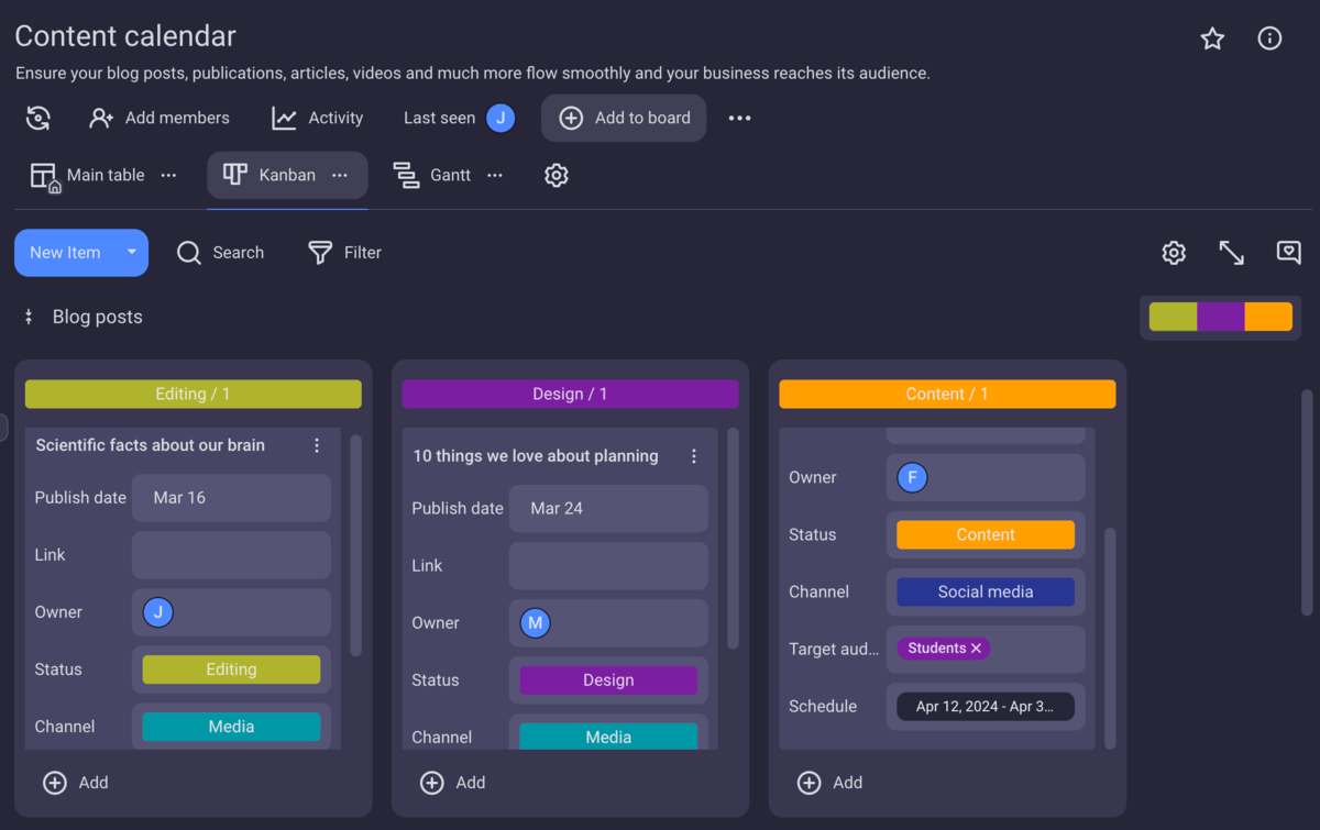 Example of a content production Kanban board in Plaky