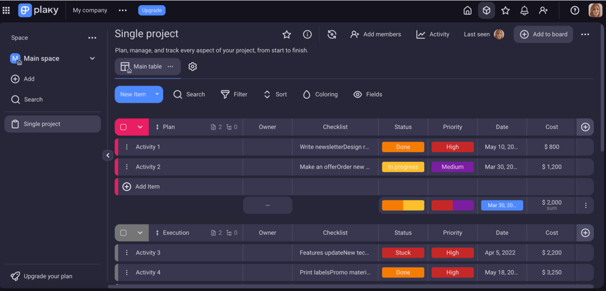 A single project board shown in Plaky project management software