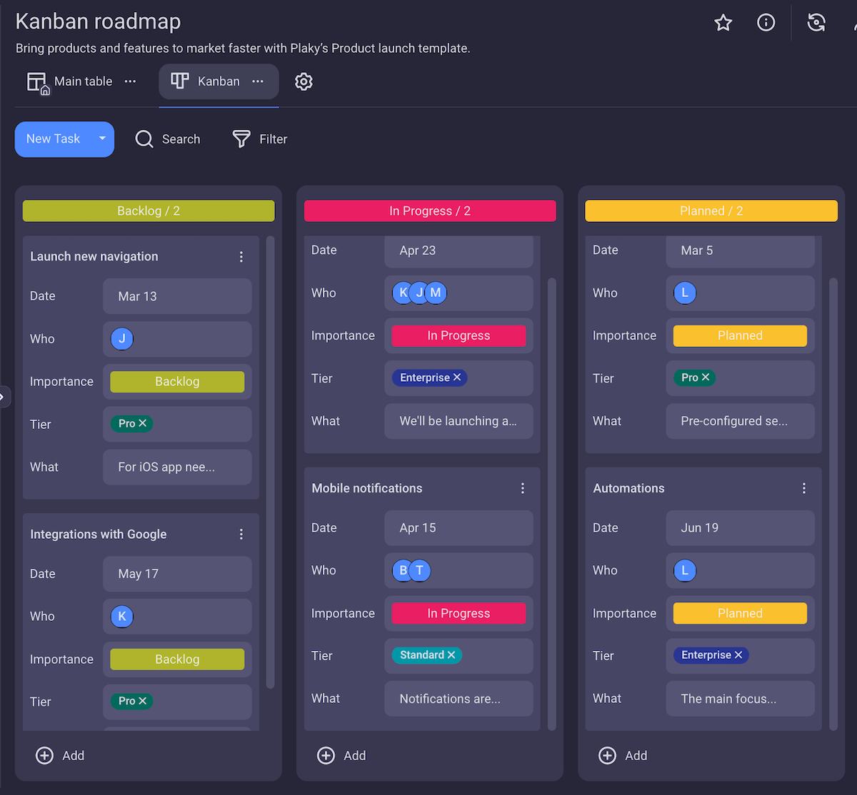 Kanban roadmap in Plaky