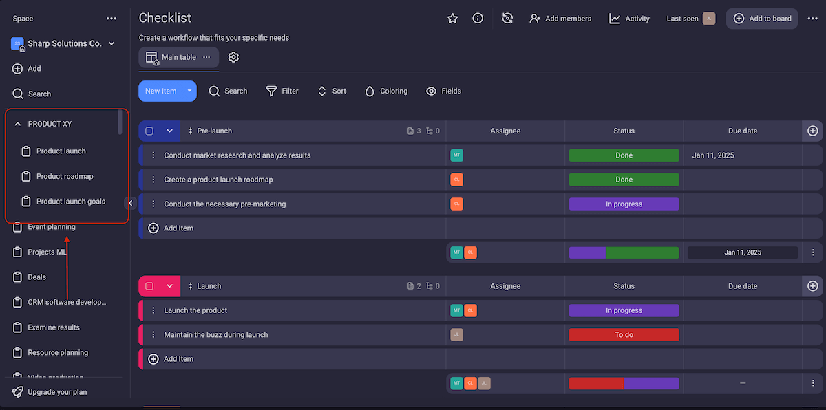 Product launch checklist shown in Plaky project management software