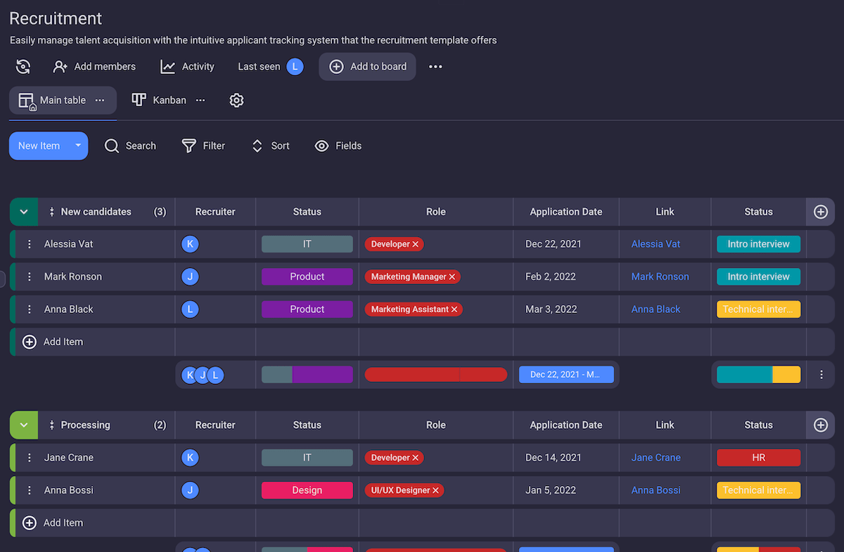 Recruitment process template in Plaky