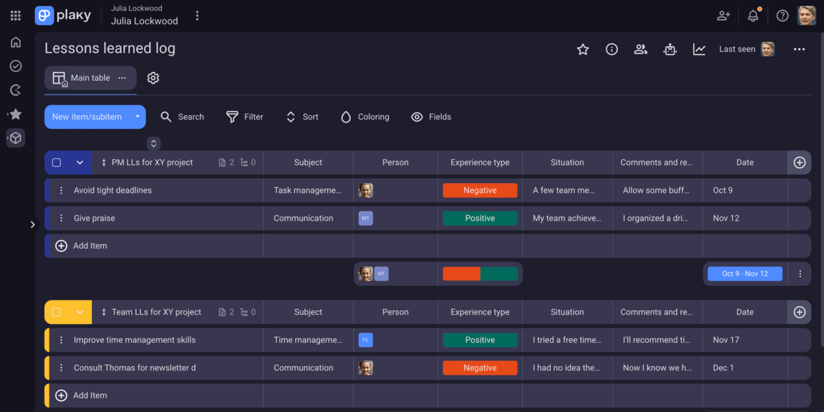 Lessons learned log in Plaky