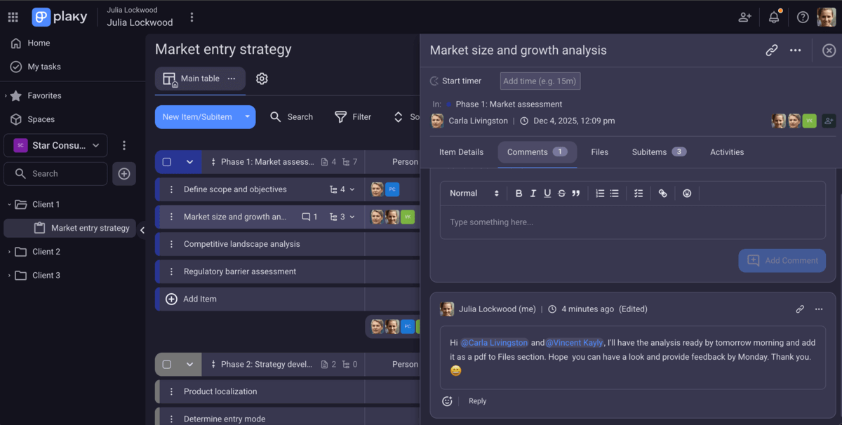 Comments and @mentions in Plaky's Item card