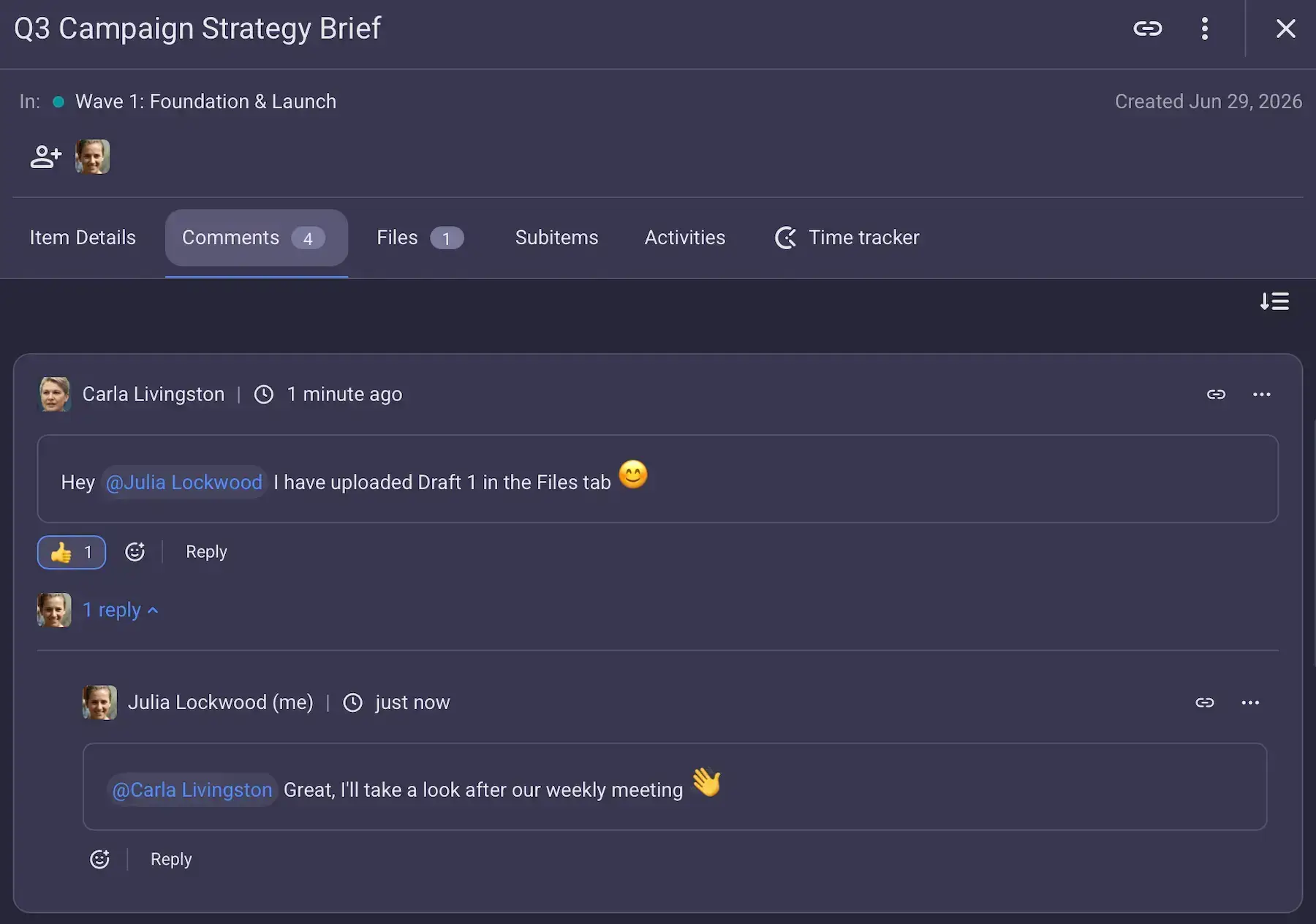 Communicating via Plaky's Comments section