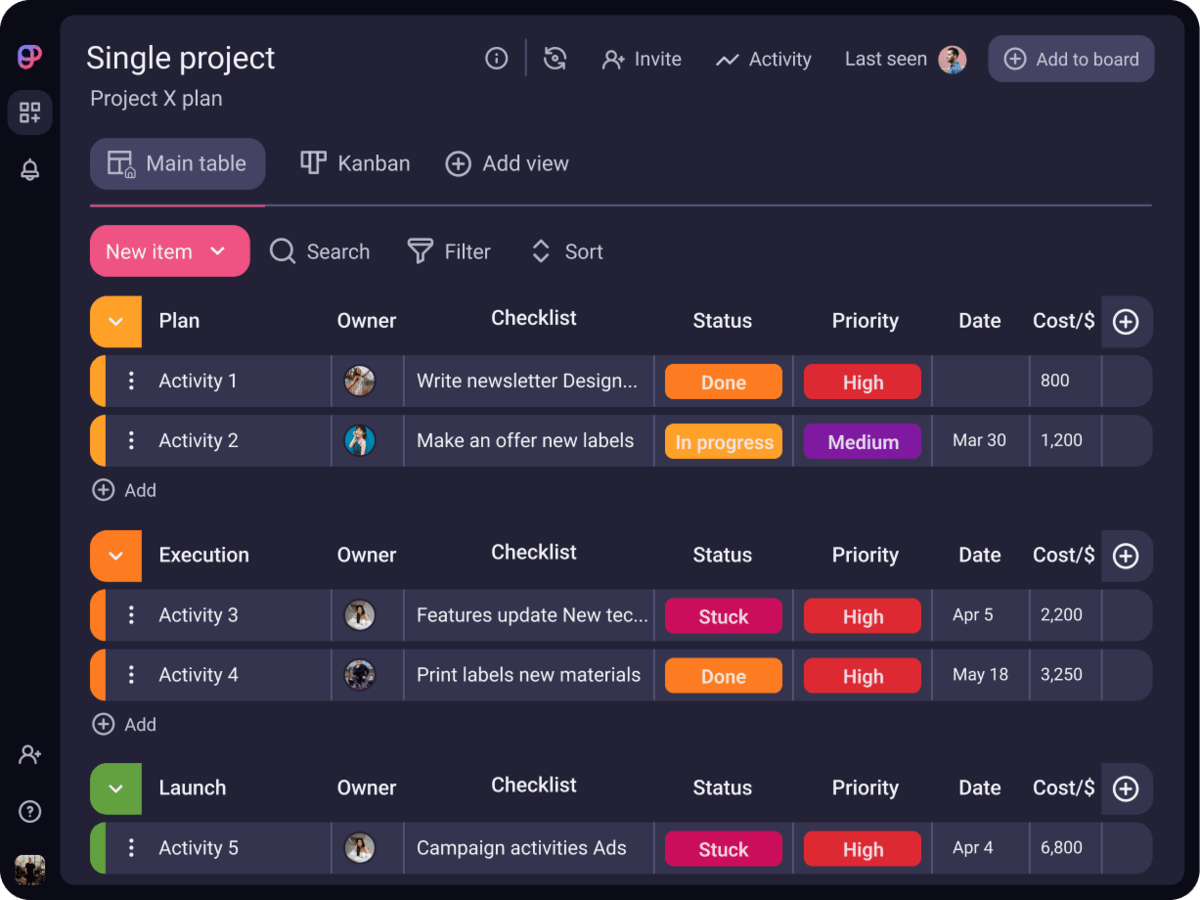An example of a project in project management tool Plaky