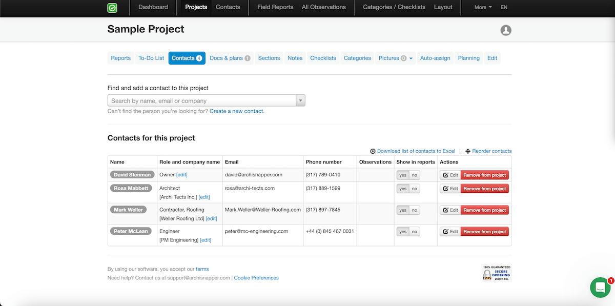 Contact list in ArchiSnapper