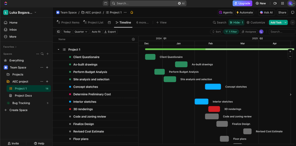 Timeline view in ClickUp project management software