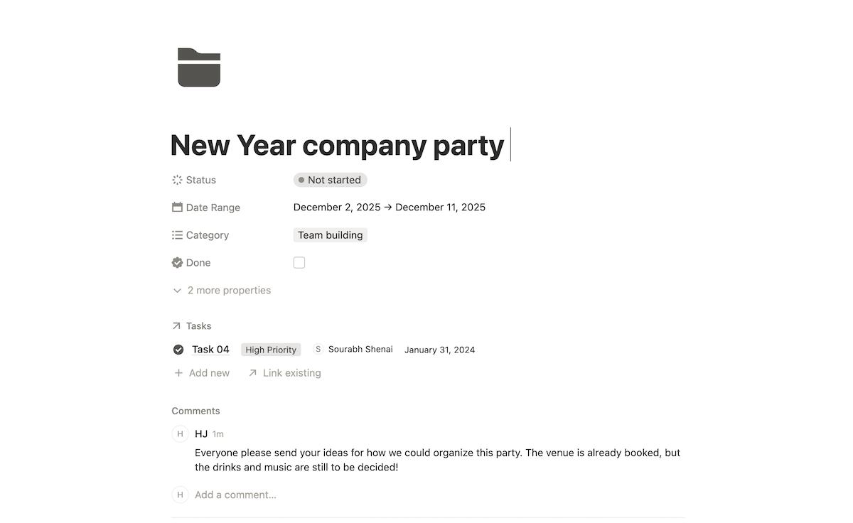 Comments on a project in Notion