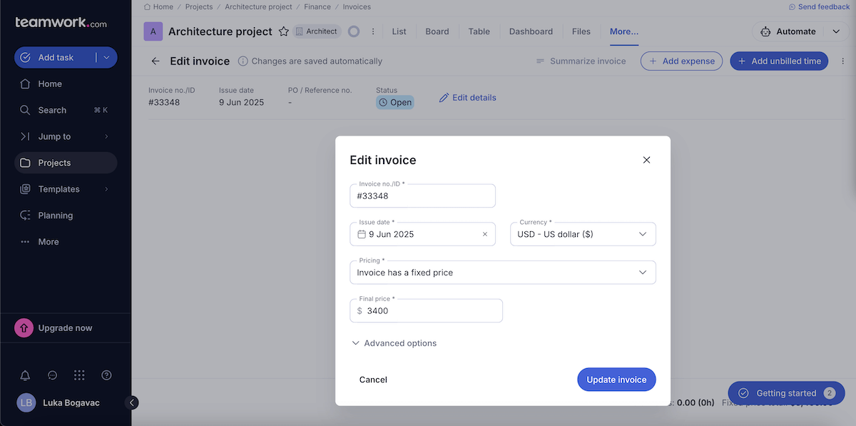 Invoicing in Teamwork project management software