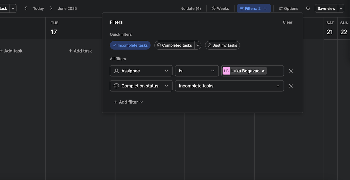 Filtering options in Asana project management software