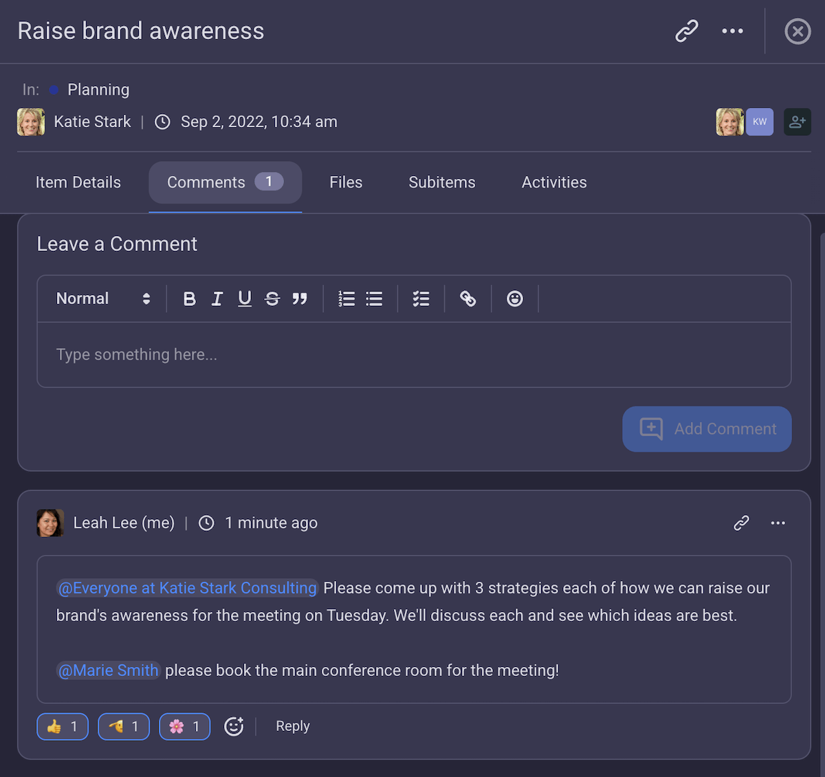 Comments in Plaky project management software
