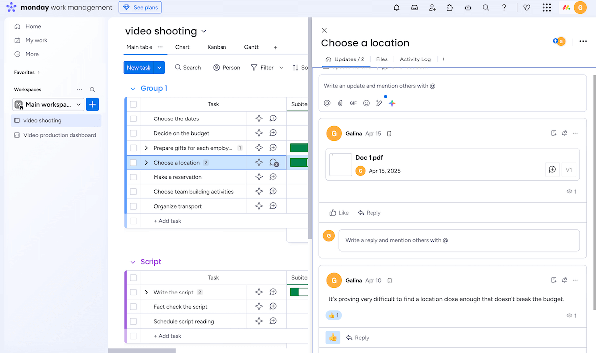 Messages in tasks in monday.com