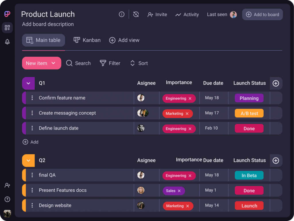 Product launch template in Plaky