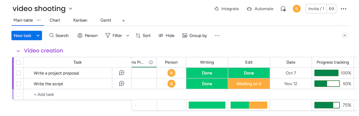 Progress tracking column in monday.com
