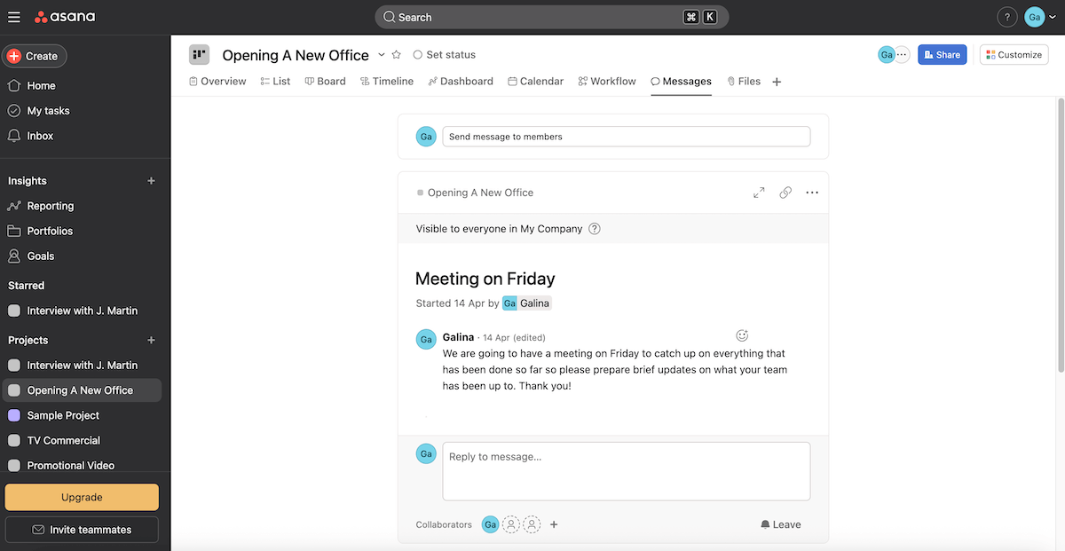 Project messages in Asana