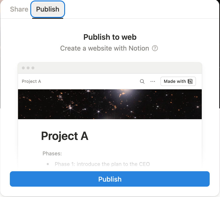 Publish option in Notion