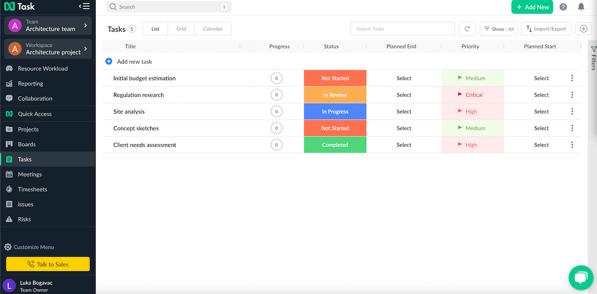 Architecture project in nTask project management software