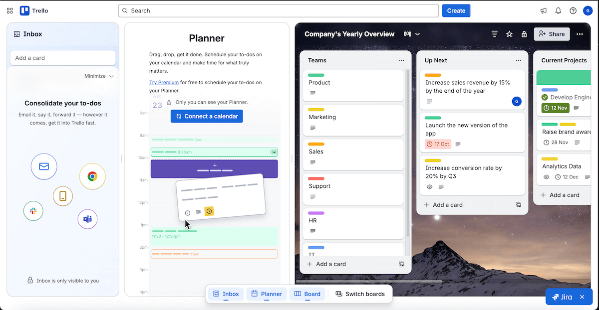 Inbox, planner, and board in Trello