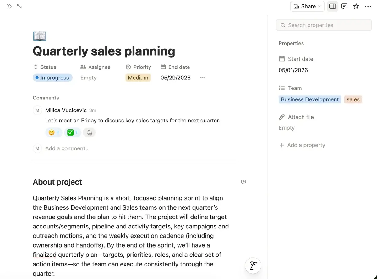 Comments on a project in Notion