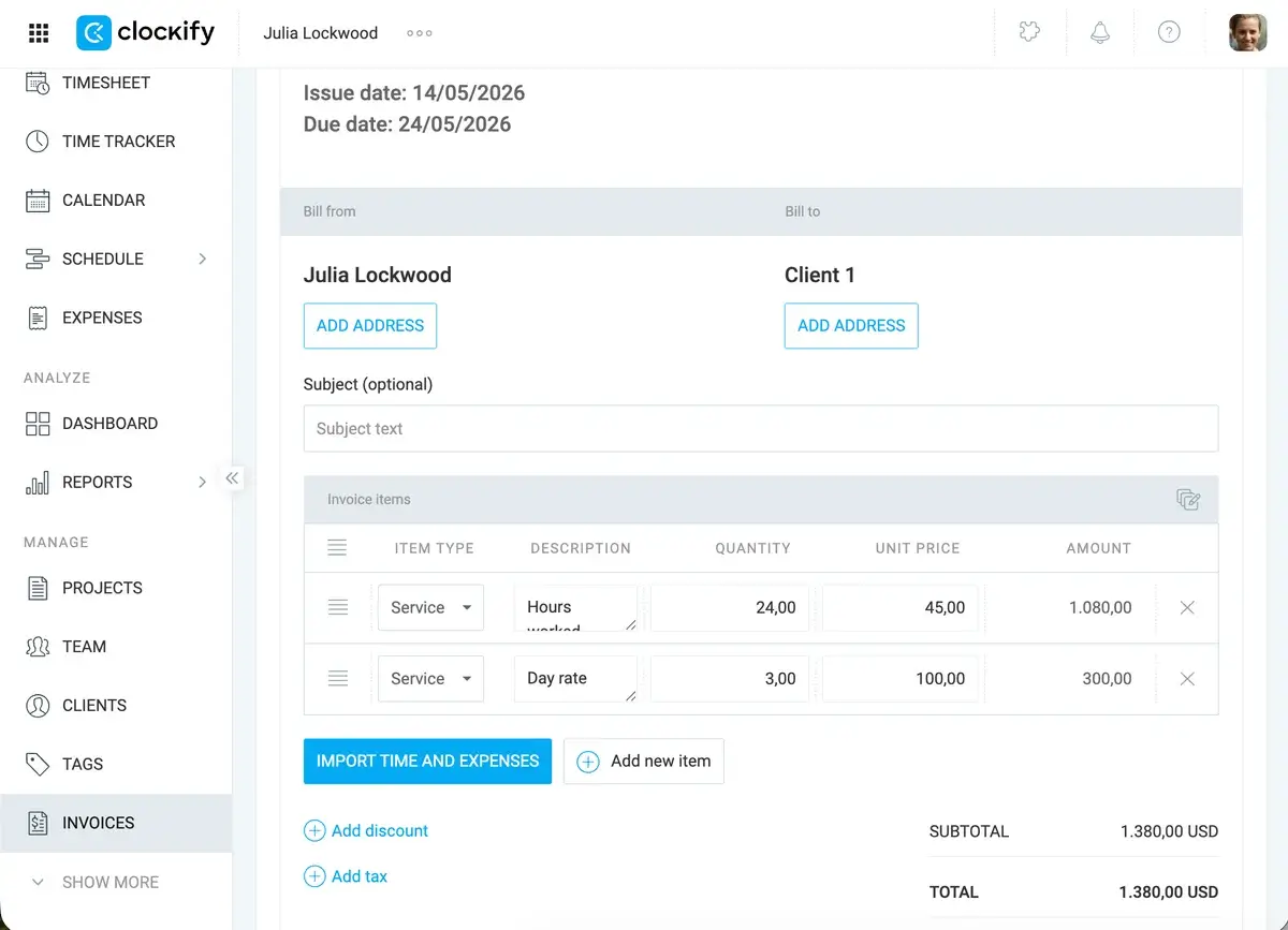 Invoice in Clockify