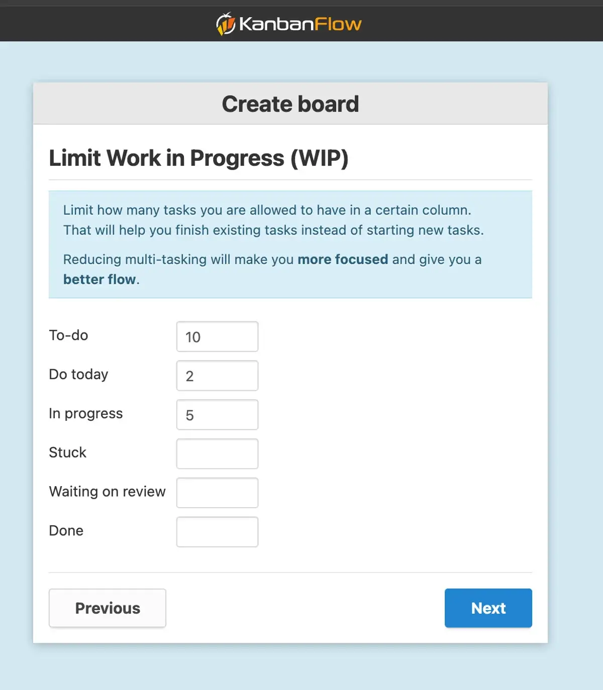 Limit work in progress (WIP) in KanbanFlow